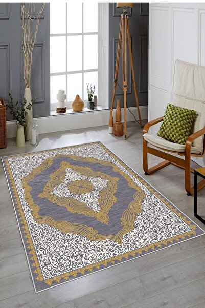 on the clouds Mavi Zemin Çerçeveli Göbekli Yıkanabilir Kaymaz Taban Leke Tutm...