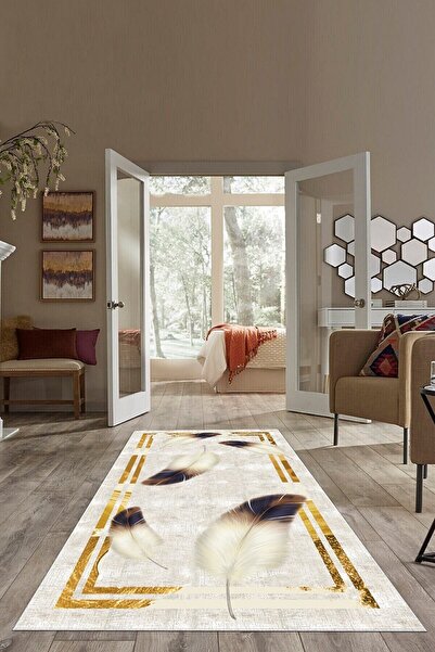 on the clouds Gold Çerçeveli Kuş Tüylü Yıkanabilir Kaymaz Taban Leke Tutmaz M...