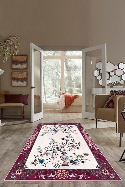 on the clouds Bordo Zemin Çiçek Desenli Yıkanabilir Kaymaz Taban Leke Tutmaz ...