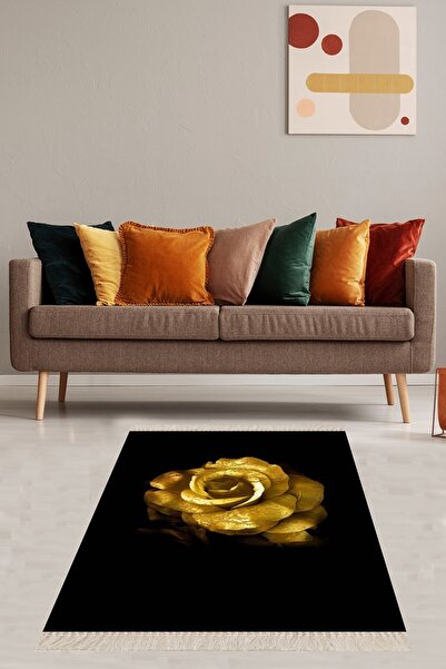 on the clouds Gold Gül Siyah Zeminli Desenli Dijital Baskı Yıkanabilir Kaymaz...