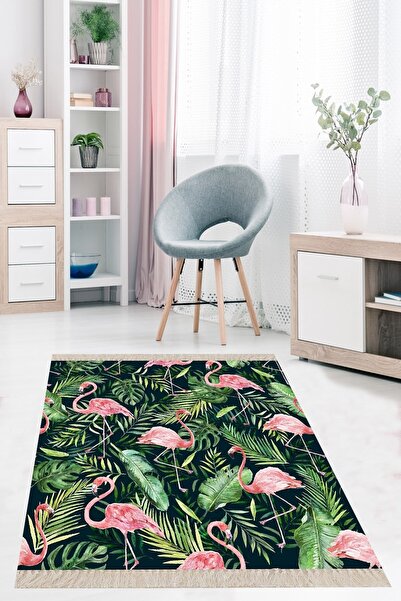 on the clouds Yeşil Tropikal Yaprak Flamingo Desen Çerçeveli Dijital Baskı Yı...