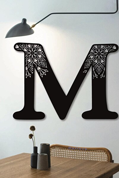 AVMmarketim Çiçekli Büyük M Dekoratif Harf 30 Cm Siyah Duvar Süsü Hediye Isim...