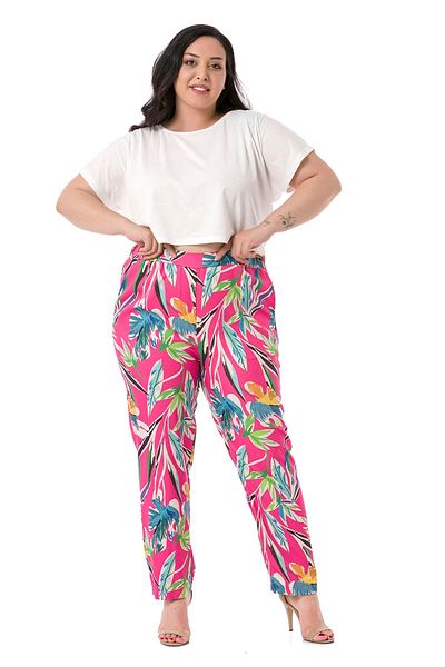 DISENTIS MODEST Plus Size Leaf Printed Fuchsia Trousers with Elastic Waist, Side and Back Pockets