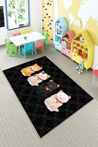 MENTEŞ HOME MENTEŞ Siyah Kedi Desenli Çocuk Yıkanabilir Kaymaz Taban Leke Tut...