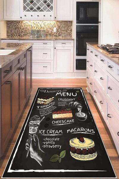 on the clouds Siyah Mutfak Ikonları Desenli Yıkanabilir Kaymaz Taban Leke Tut...