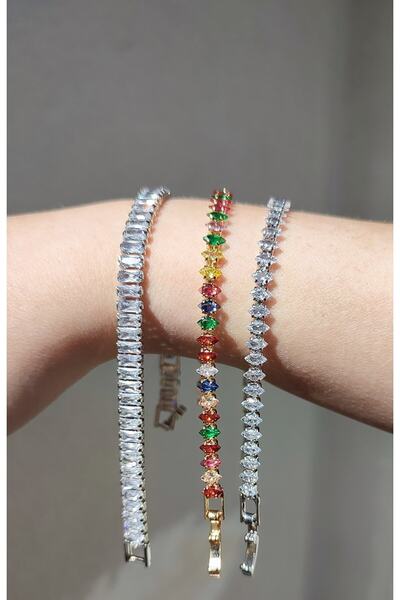 Labone Accessories Renkli Zirkon Taşlı Gold Su Yolu Mekik Model Bileklik&17 Cm