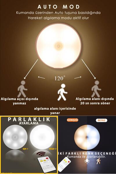 Trendpoint 2li Spot Led Kumandalı Usb Şarjlı Akıllı Hareket Sensörlü Çift Renk Kablosuz Lamba