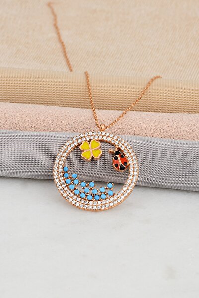 Bilsen Store 925 Ayar Gümüş Zincirli Rose Kaplama Mineli Yonca Uğur Böceği Do...