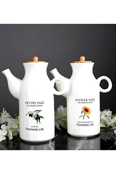 Pembelia Life Etiketli 2 Adet Porselen 1000ml Yağlık&sirkelik (2'li Yağdanlık Set)