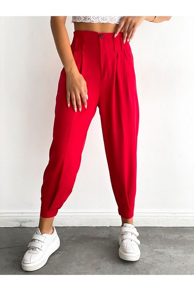 LB Laluna Butik Women's Red Carrot Cut Pants