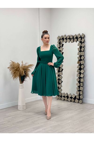 giyimmasalı Chiffon Crepe Fabric Square Collar Midi Dress - Emerald Green