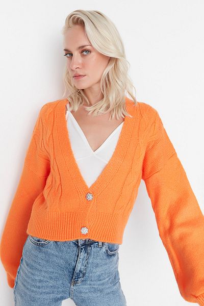 Trendyol Collection Orangefarbener kurzer Cardigan aus weicher, strukturierter Strickware TWOAW23HI00272