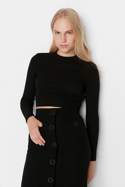 Trendyol Collection Black Crop Cotton Basic Knitwear Sweater Twoaw23Kz01253
