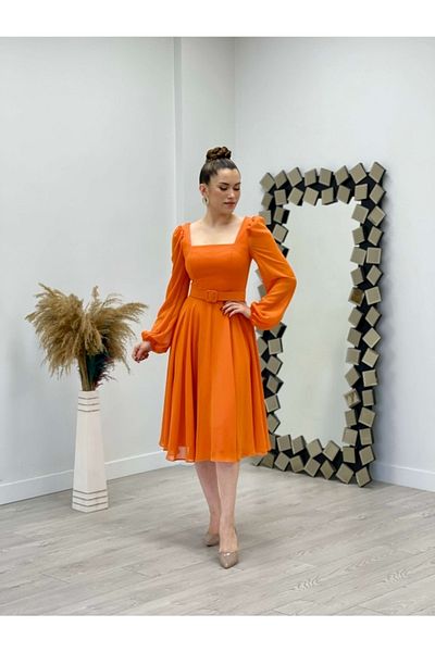 giyimmasalı Chiffon Crepe Fabric Square Collar Midi Dress - Orange