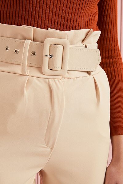 TT GİYİM Women's Belted High Waist Fabric Trousers
