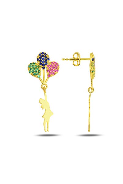 Bilsen Store Gümüş Altın Kaplama Balonlu Kız Modeli Üçlü Renk Zirkon Taşlı Küpe