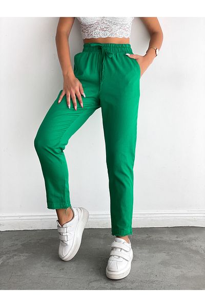 LB Laluna Butik Women's Green Waist Elastic Leg Detailed Ankle Length Carrot Cut Gabardine Trousers