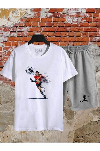 Joza Outdoors Unisex Footballer με στάμπα γκρι-λευκό σετ σορτς μπλουζάκι 2 τεμαχίων