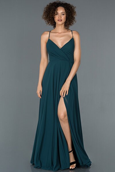 Abiyefon Zümrüt Yeşili Bacak Ve Sırt Dekolteli Şifon Abiye Abu1305