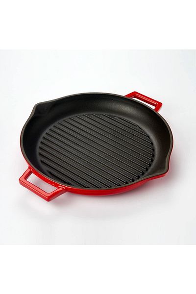Lava Cast Iron Round Grill Pan with Metal Handle, 30 Cm, Red