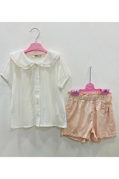 Çikoby Baby Girl Ecru Shirt Pink Shorts Set