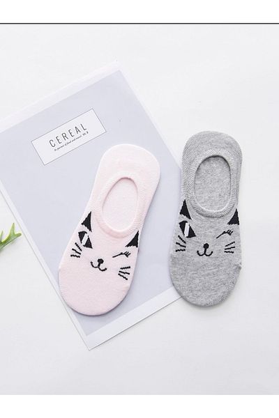 footmania Комплект от 5 чифта дамски чорапи-балерини с шарка на сладка котка (НЕВИДИМ)