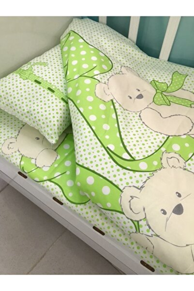 Babynia طقم غطاء لحاف قطن للأطفال الرضع مقاس 100x150 مع دمية دب أخضر