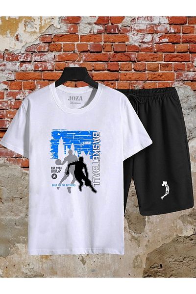 Joza Outdoors Unisex Blue Basketball Printed White - Black 2-Piece T-Shirt Shorts Set