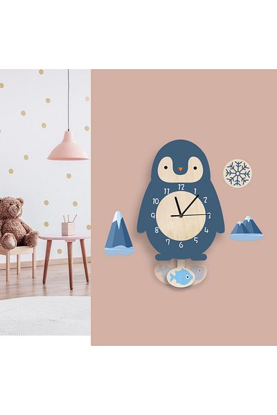 CajuArt Penguin Patterned Children's Room Wall Clock with Swinging Pendulum