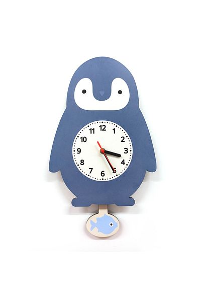 CajuArt Penguin Patterned Children's Room Wall Clock with Swinging Pendulum