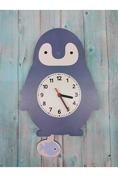 CajuArt Penguin Patterned Children's Room Wall Clock with Swinging Pendulum