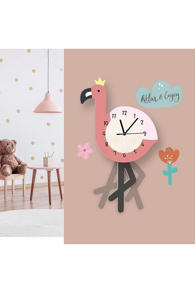 CajuArt Flamingo Patterned Kids Room Wall Clock with Swinging Pendulum