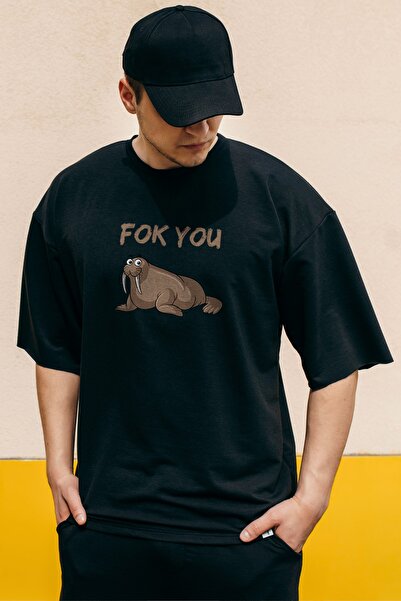 Fok You Baskılı Siyah Premium Oversize Tişört