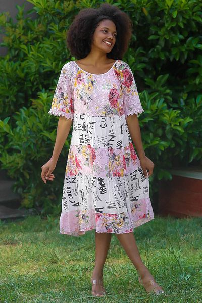 Chiccy Women's Powder Round Neck Short Sleeve Midi Viscose Floral Ruched Oversize Casual Woven Smock Dress