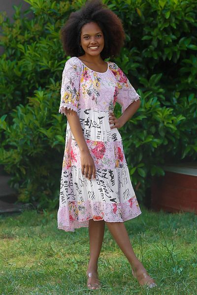 Chiccy Women's Powder Round Neck Short Sleeve Midi Viscose Floral Ruched Oversize Casual Woven Smock Dress