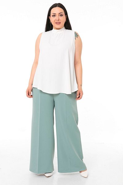 DISENTIS MODEST Plus Size Collar Back Buttoned Stand Collar Flowing Sleeveless White Blouse