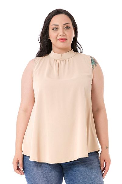 DISENTIS MODEST Plus Size Collar Back Buttoned Stand Collar Flowing Sleeveless Beige Blouse