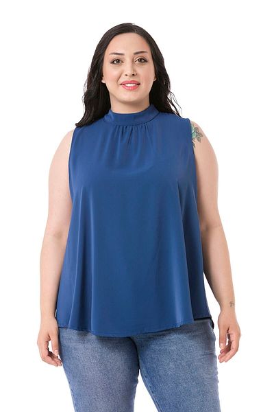 DISENTIS MODEST Plus Size Collar Back Buttoned Stand Collar Flowing Sleeveless Indigo Blouse