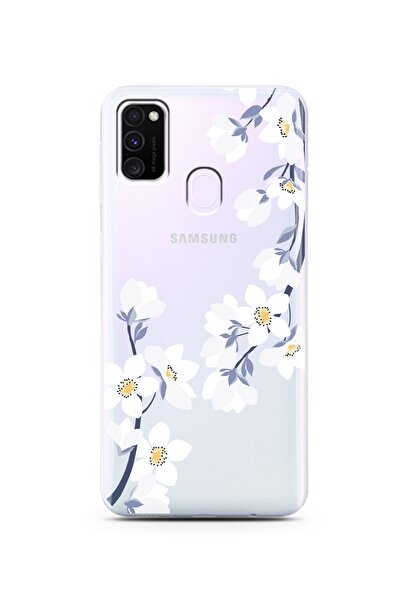 Spoyi Samsung M30s Art White Flowers Tasarımlı Süper Şeffaf Telefon Kılıfı