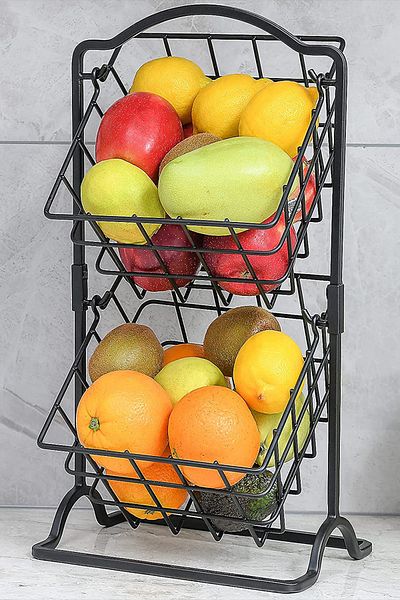 decorelax Organizator de bucătărie cu 2 niveluri și coș cu fructe și legume, coș de colț negru, organizator de bucătărie