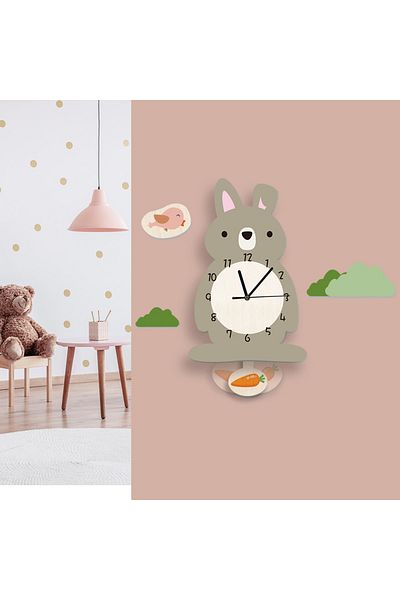 CajuArt Rabbit Patterned Children's Room Wall Clock with Swinging Pendulum
