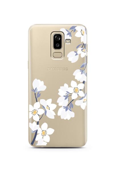 Spoyi Samsung J8 Art White Flowers Tasarımlı Süper Şeffaf Telefon Kılıfı