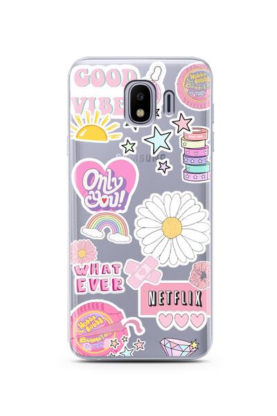 Spoyi Samsung J4 Pink Sticker Tasarımlı Süper Şeffaf Telefon Kılıfı