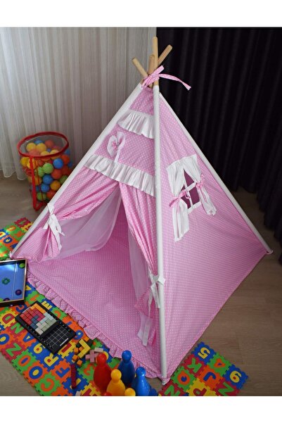 bebeğimister Lüks Pamuklu Ahşap Çocuk Oyun Çadırı Evi Kızılderili Çadırı Devr...