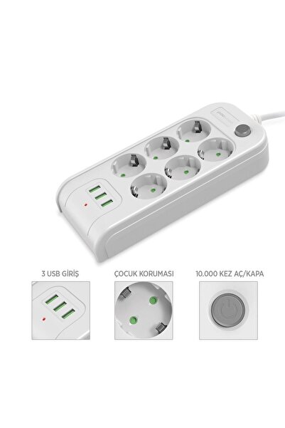 Polosmart Mp10 Termal Akım Korumalı 6'lı Uzatma Kablosu 2m Beyaz