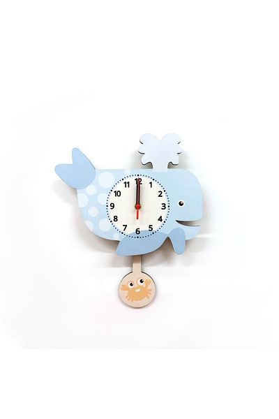 CajuArt Swinging Pendulum Whale Patterned Children's Room Wall Clock