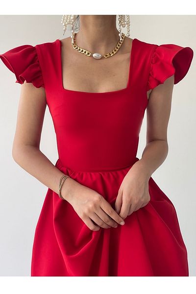 lovebox Atlas Fabric Sleeve részletes négyzet alakú nyakú Midi hosszúságú piros estélyi ruha piros eljegyzési ruha 125