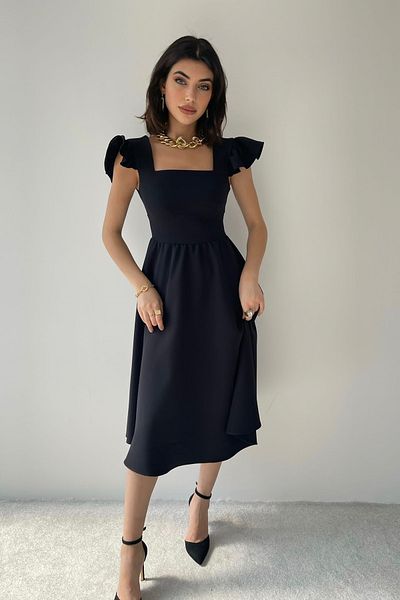 barış sülün lovebox Atlas Υφασμάτινο μανίκι Λεπτομερές τετράγωνο λαιμό Midi μήκους μαύρο βραδινό φόρεμα Μαύρο φόρεμα αρραβώνων 125