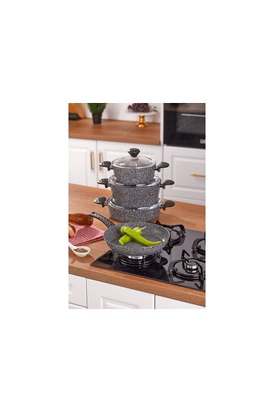 Taç 4-Piece Gray Granite Pot Set - Crown Stone 7 Pieces