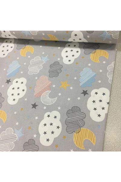 Babynia 100% Cotton Poplin Fabric Gray Moon Cloud Patterned 240 Cm Width